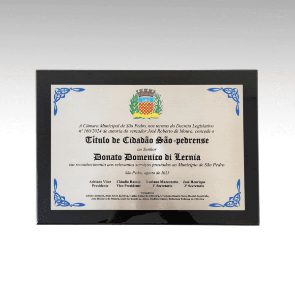 Placa de homenagem com moldura de acrílico